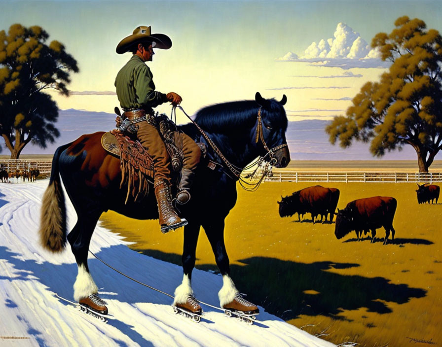 Cowboy on black horse in snowy landscape with cattle and trees under blue sky.