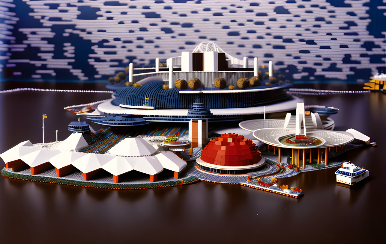 Detailed LEGO model of futuristic waterfront cityscape