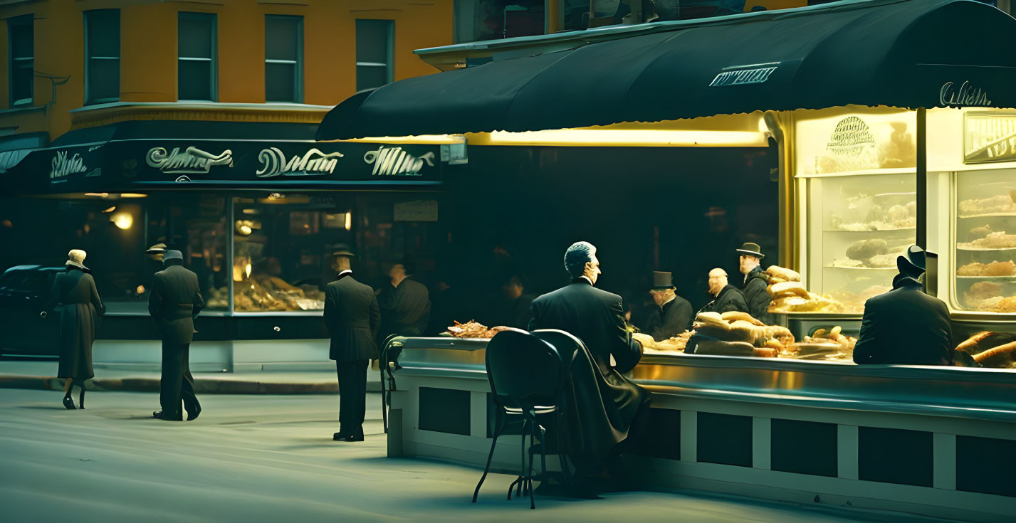 Vintage-style street corner at twilight with people around bakery display