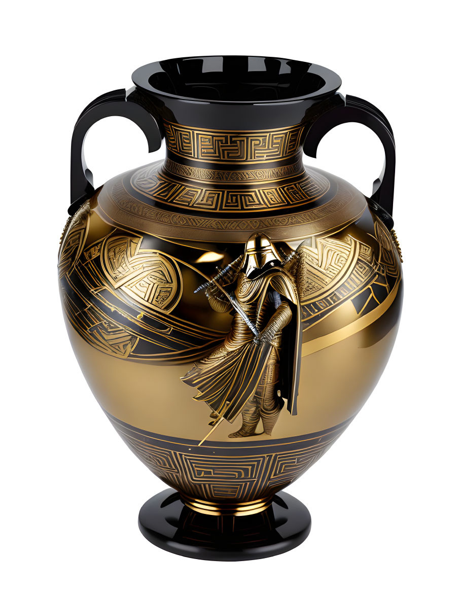 Detailed Ancient Greek-style Vase with Black and Gold Geometric Patterns