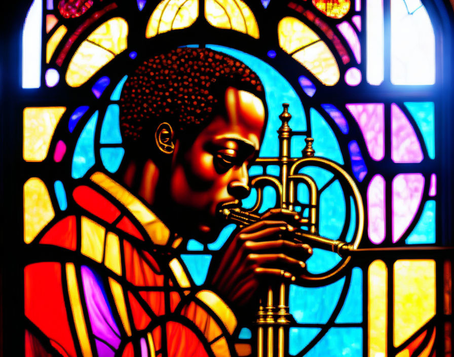 Colorful stained glass artwork of a person playing trumpet