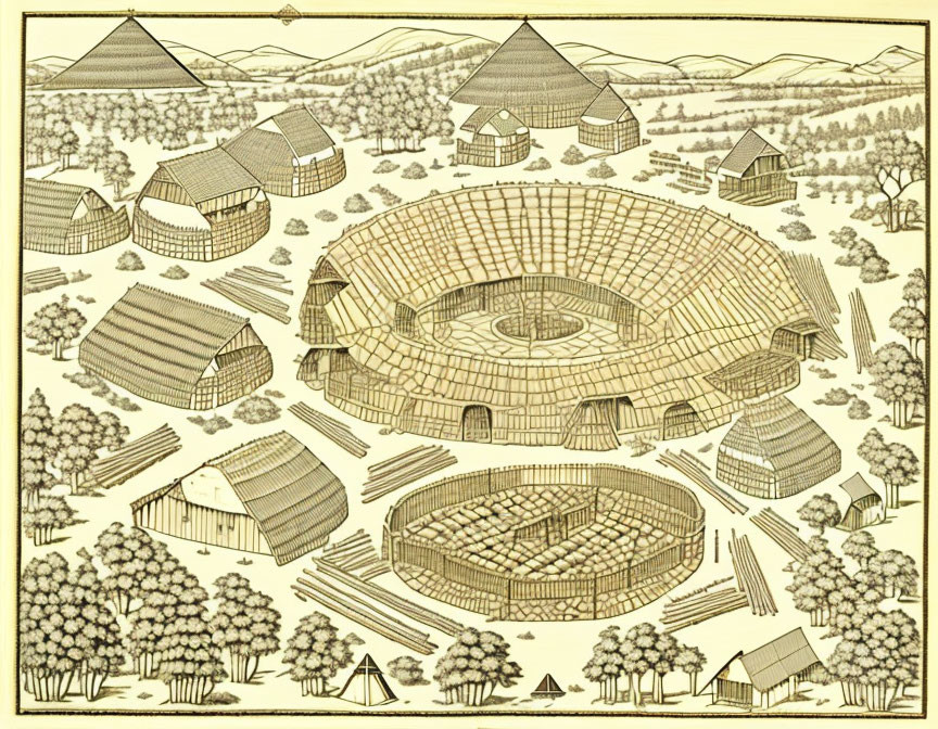 Ancient settlement with circular and rectangular thatched-roof structures