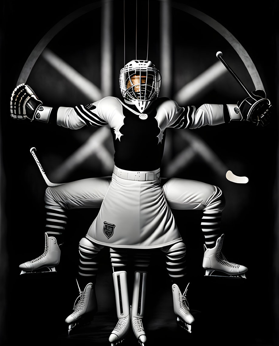 Monochrome hockey goalie puppeteer scene with floating equipment