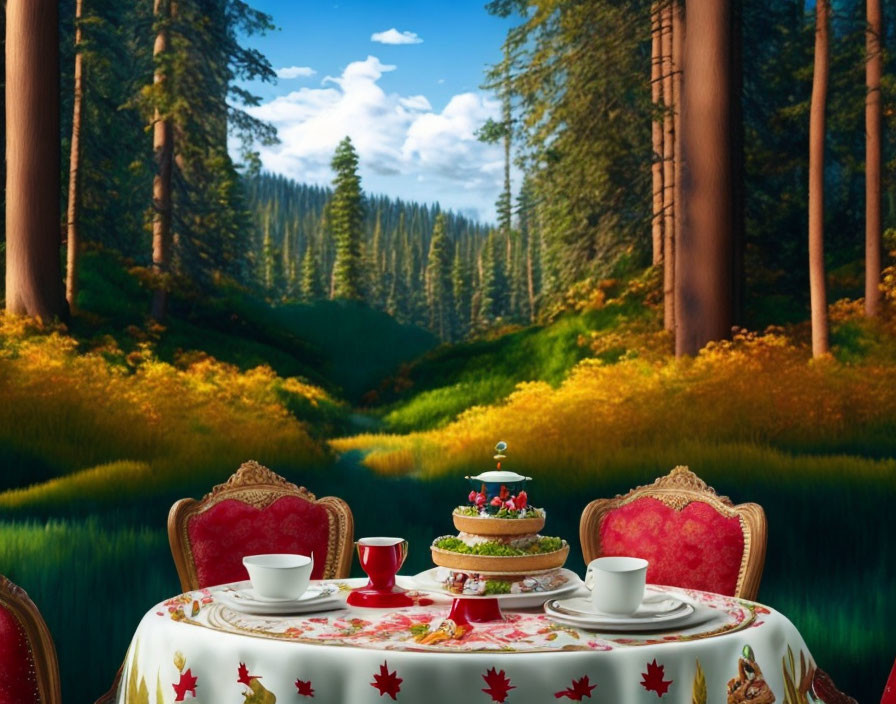 Autumn-themed tea setup with red chairs in forest clearing