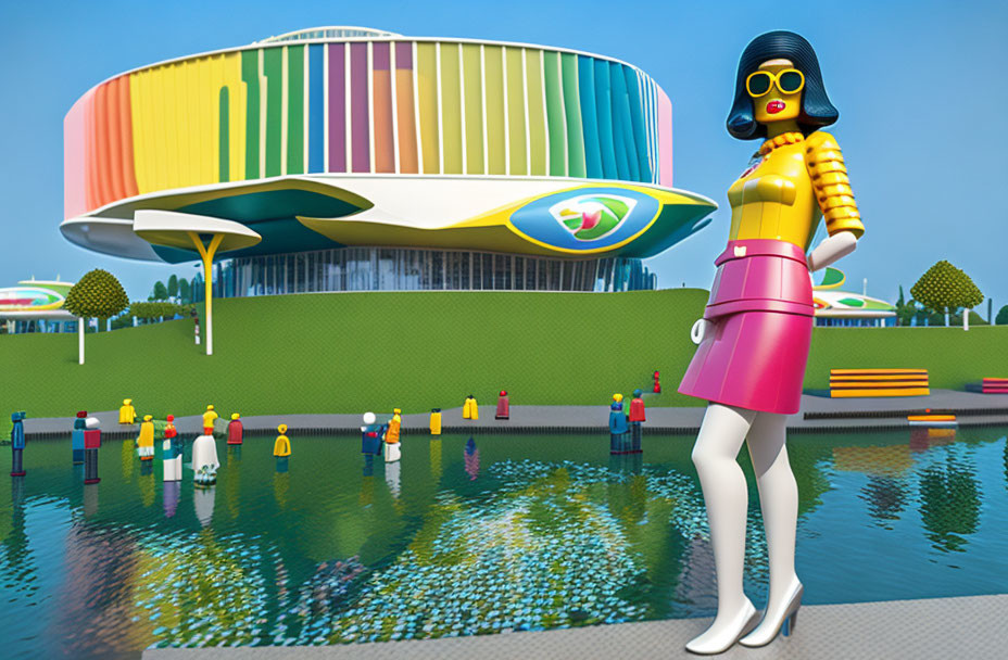 Colorful Stylized Female Figure by Waterway with Futuristic Building