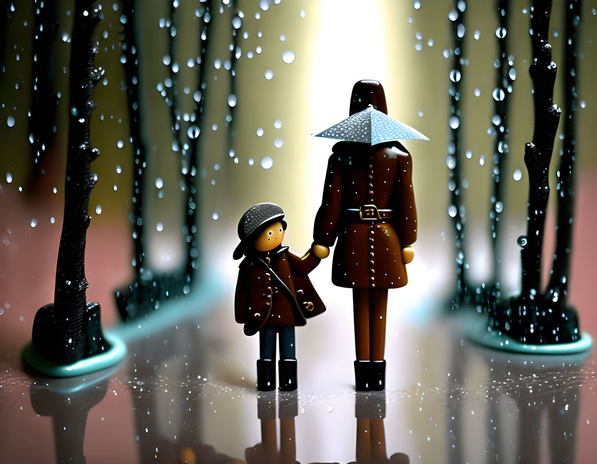 Child and adult in raincoats holding hands in illuminated, rainy scene