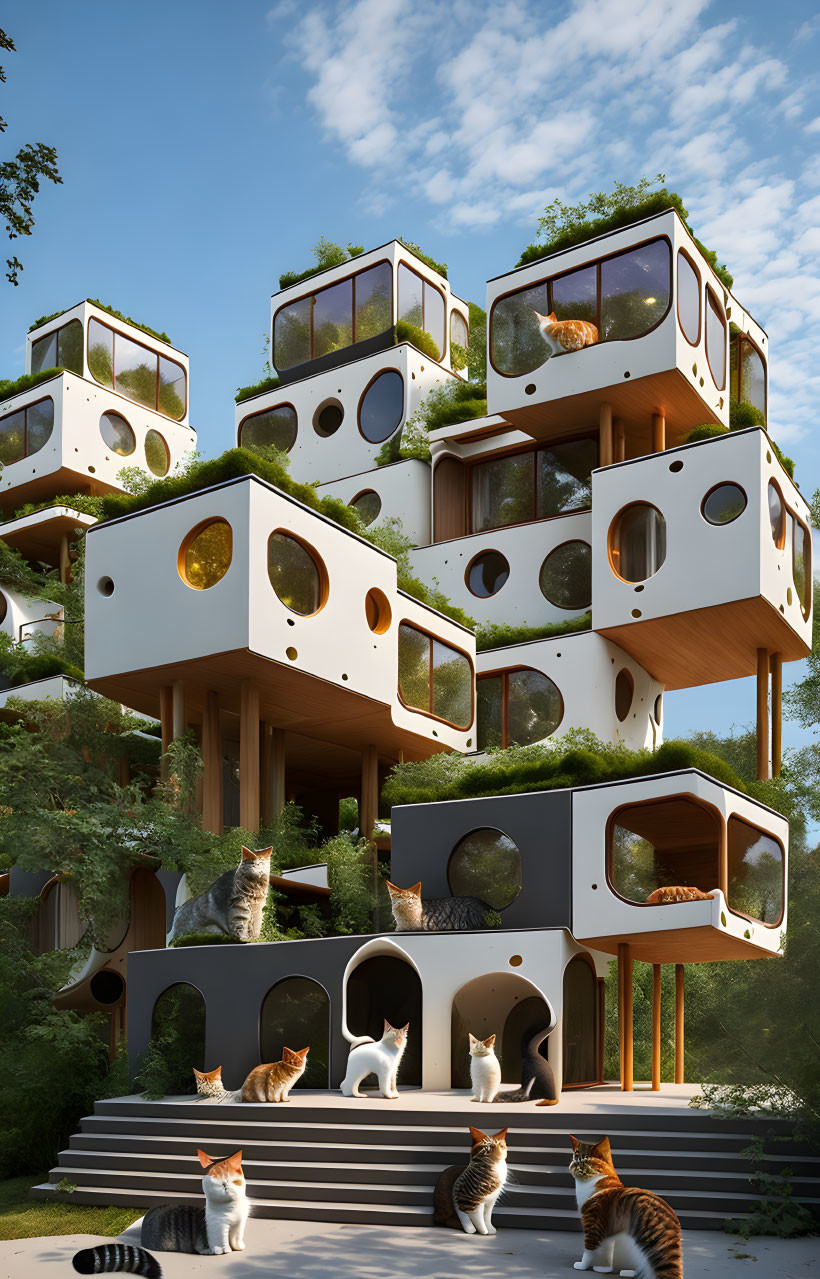 Unique Multi-Level Cat Tree Resembling Stacked Dice in Forest Setting