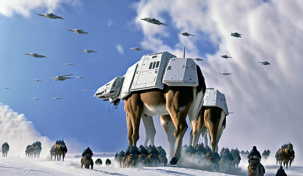 Snowy landscape with AT-AT Walkers and combat vehicles under a blue sky and flying crafts above