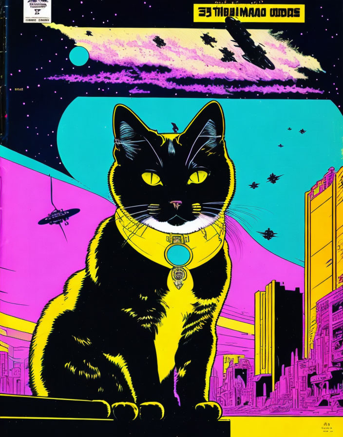 Colorful comic-style illustration: Black cat in collar on neon cityscape with purple starry sky.