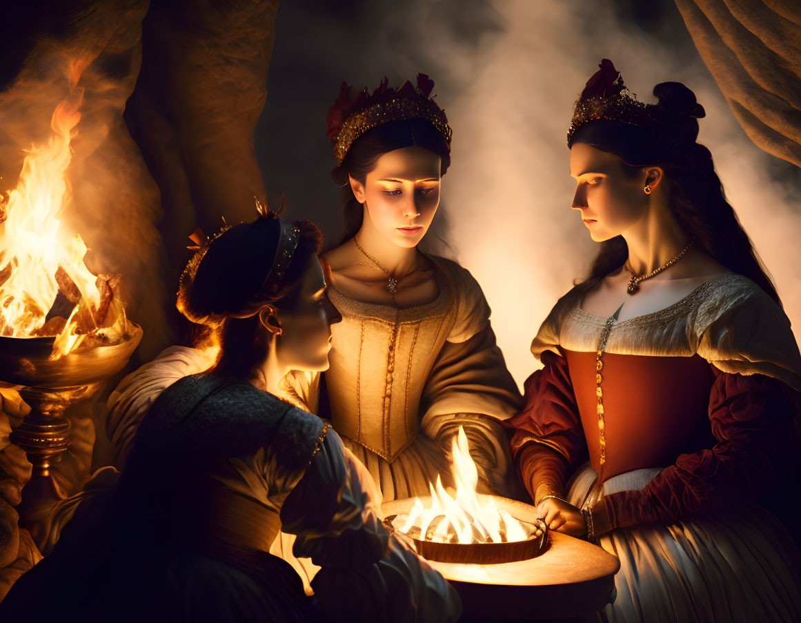 Medieval women in crowns gather around a fire in dramatic scene