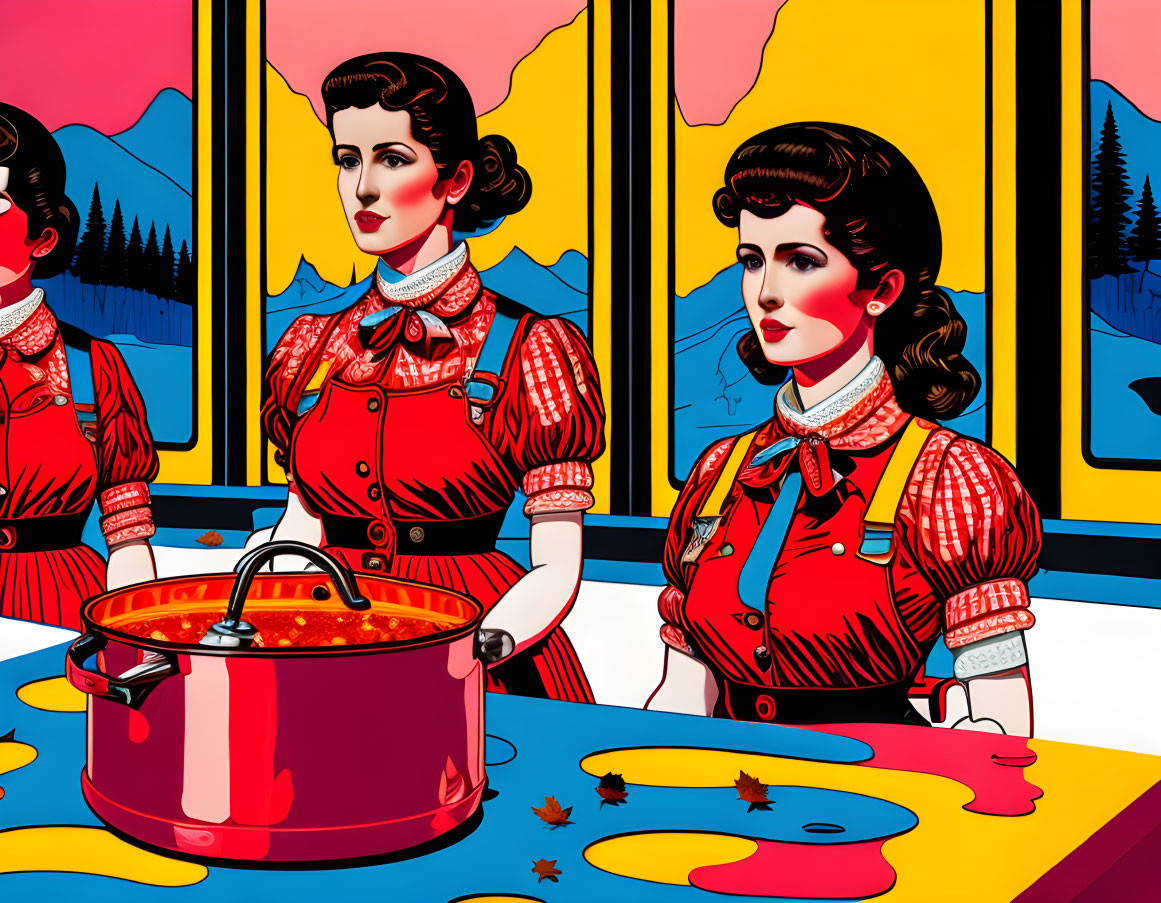 Colorful Pop Art Style Image: Two Identical Women in Retro Dresses Cooking in Vibrant Kitchen