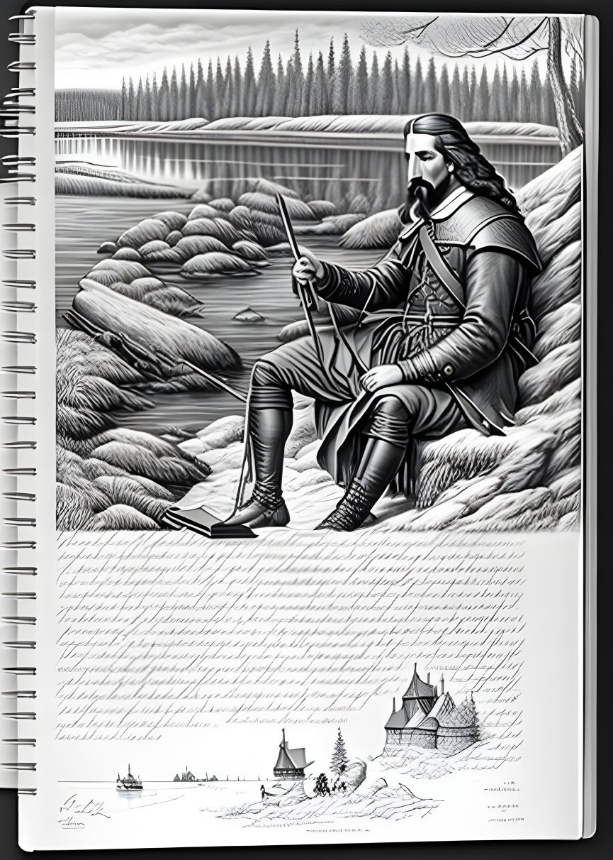 Monochromatic sketch of bearded man in historical attire by river with sword, gazing contemplatively