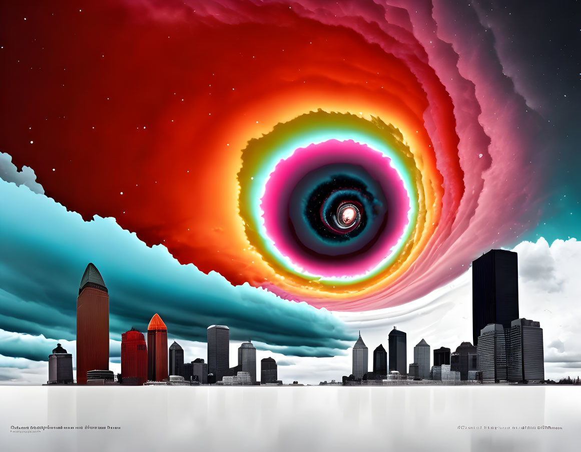 Surreal city skyline under swirling colorful vortex against clear sky