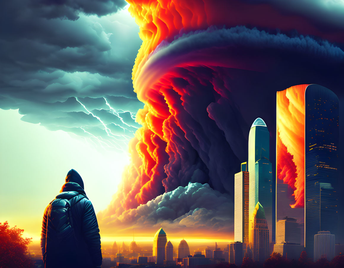 Giant fiery tornado and lightning strike in apocalyptic cityscape