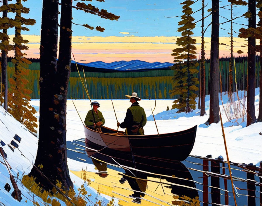 Fishing scene on snow-bordered lake with pine trees and mountains