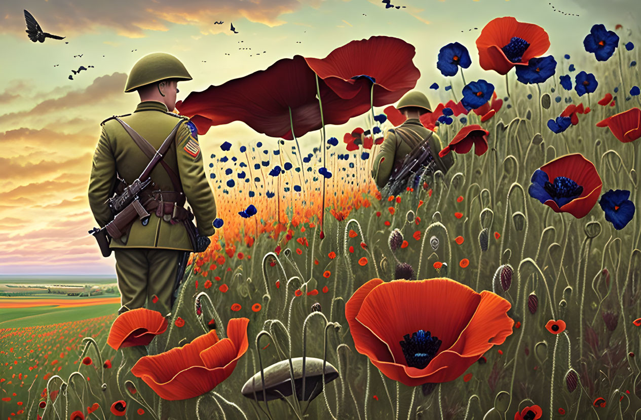 Soldier in green uniform among red poppies with rifle in field