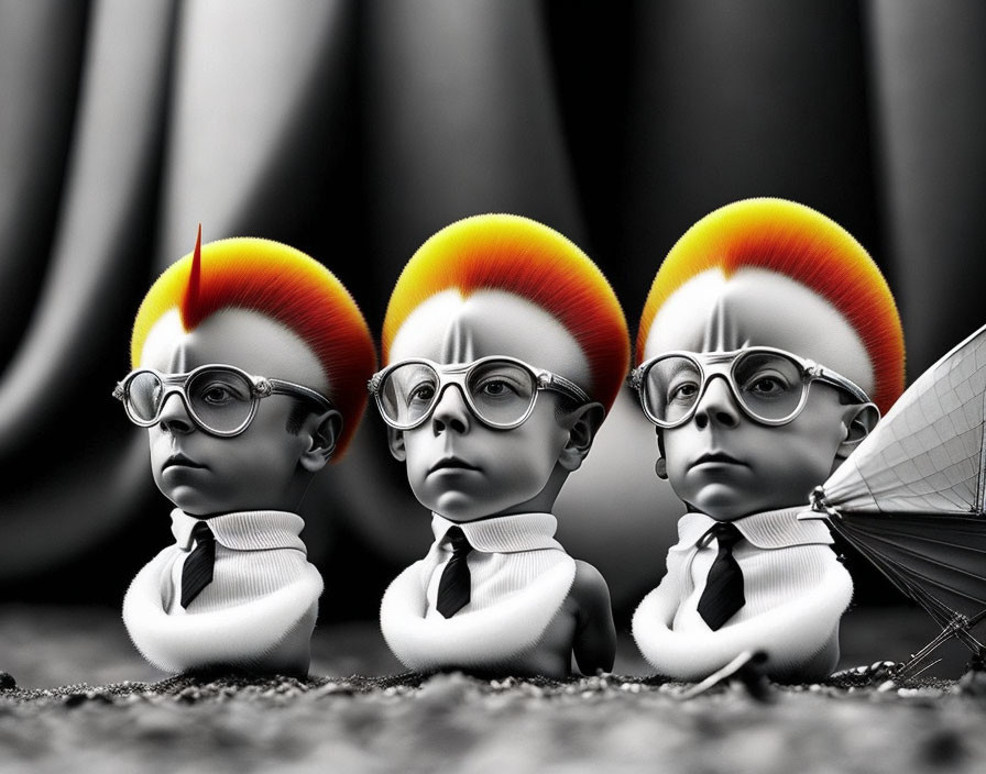 Stylized figures with oversized heads and halos on grayscale background