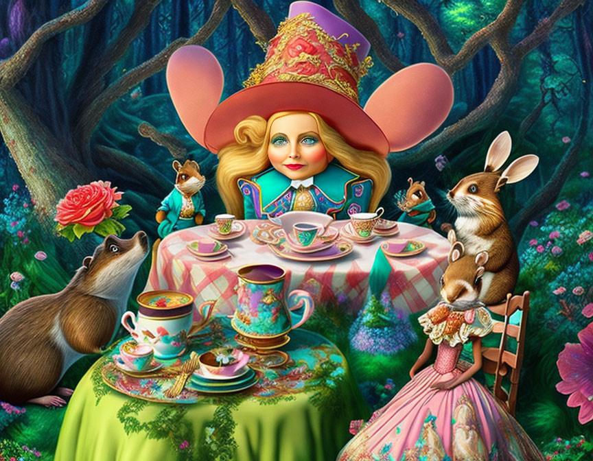 Vibrant tea party illustration in forest with whimsical characters