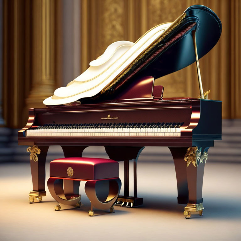 Elegant grand piano with open lid in room with golden columns & plush red stool