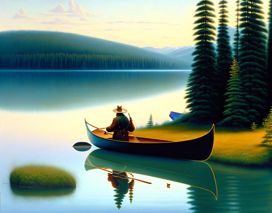 Tranquil lake scene with person in canoe, pine trees, sunset sky