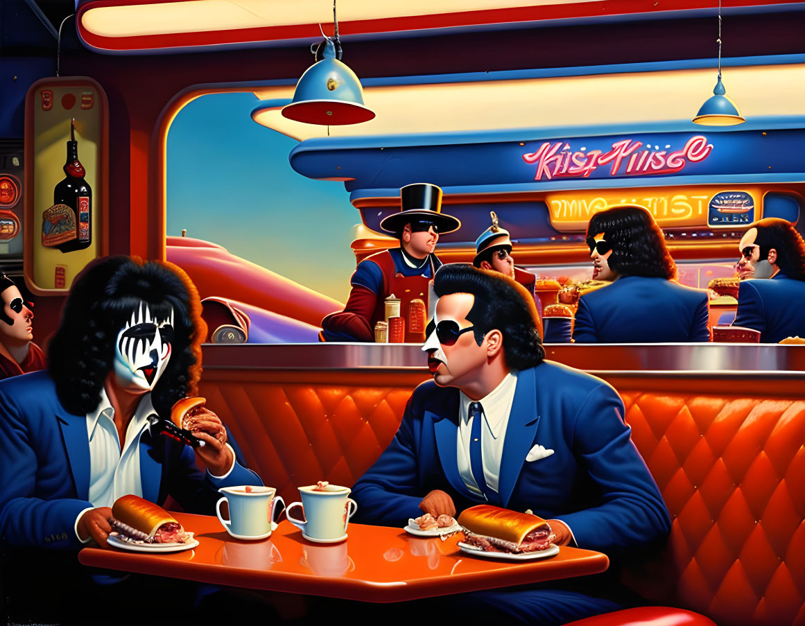 Vibrant illustration of rock band members at diner with hot dogs, coffee, and pie