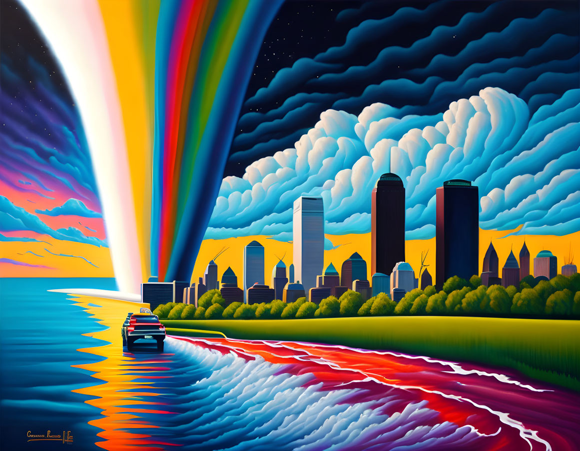 Colorful speedboat painting with vibrant sky and city skyline at sunset