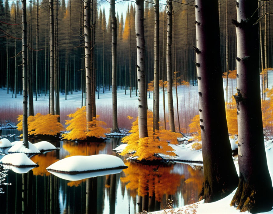 Winter Forest Scene: Reflective Water, Snow-Capped Ground, Orange Leaves