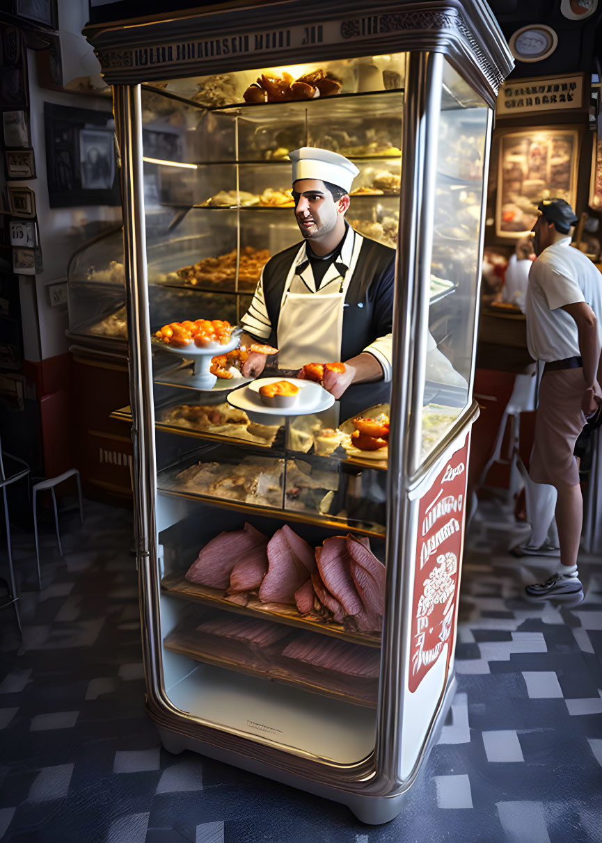 Baker arranges pastries in well-lit bakery display