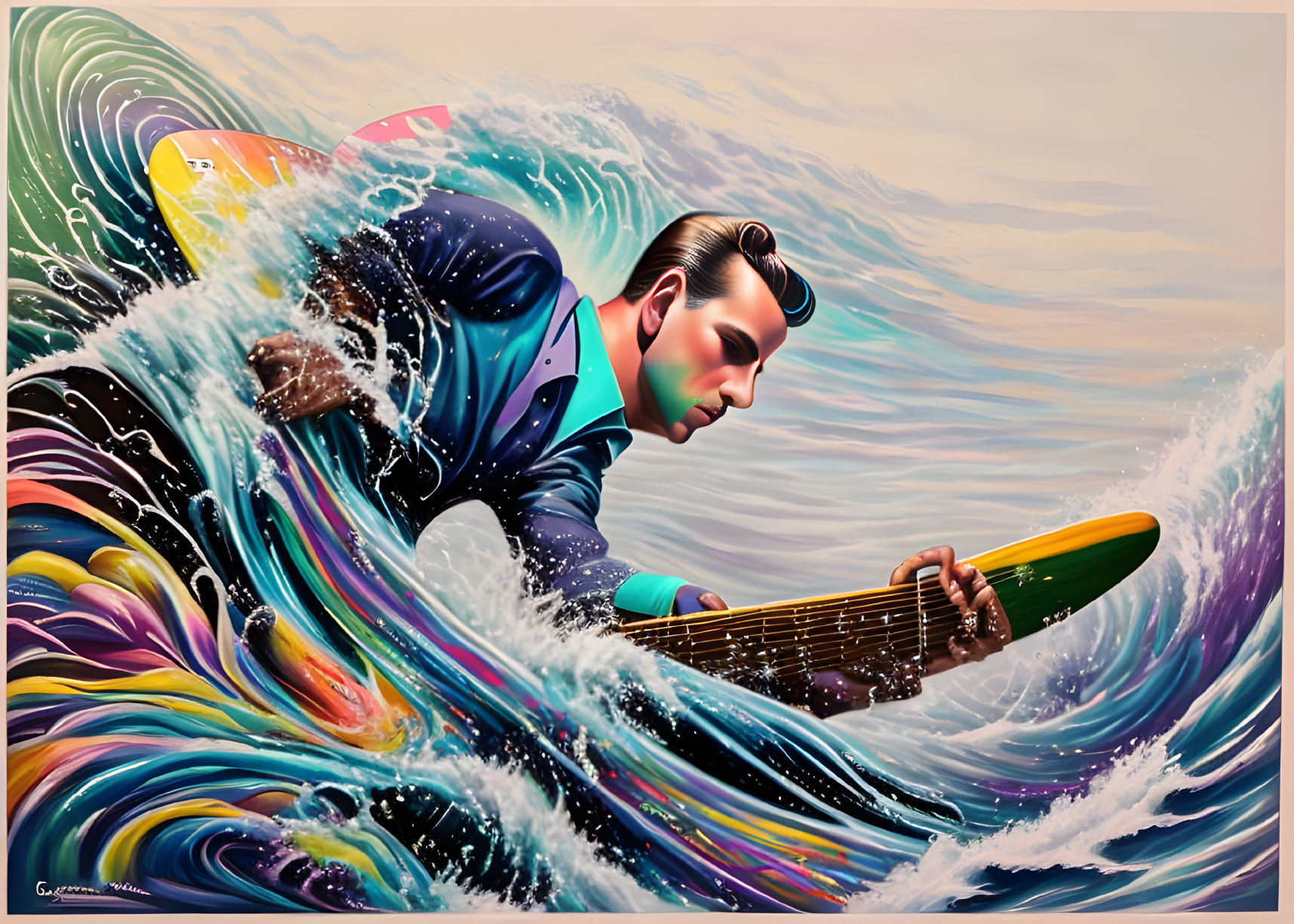 Colorful Stylized Illustration: Man in Suit Surfing on Waves