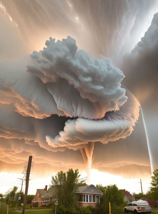 Massive Cumulonimbus Cloud with Tornado at Sunset