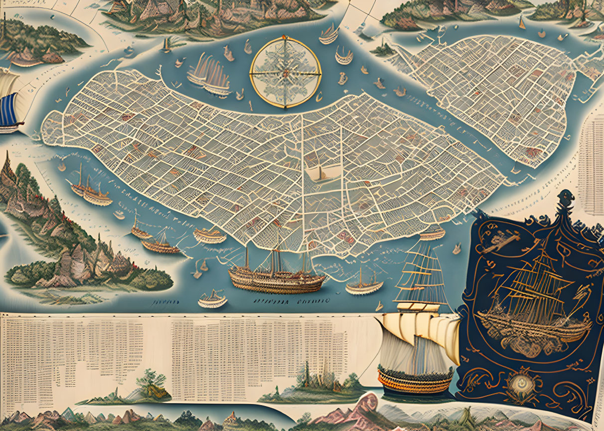 Vintage Map Illustration of New York City with Nautical Compass & Boats