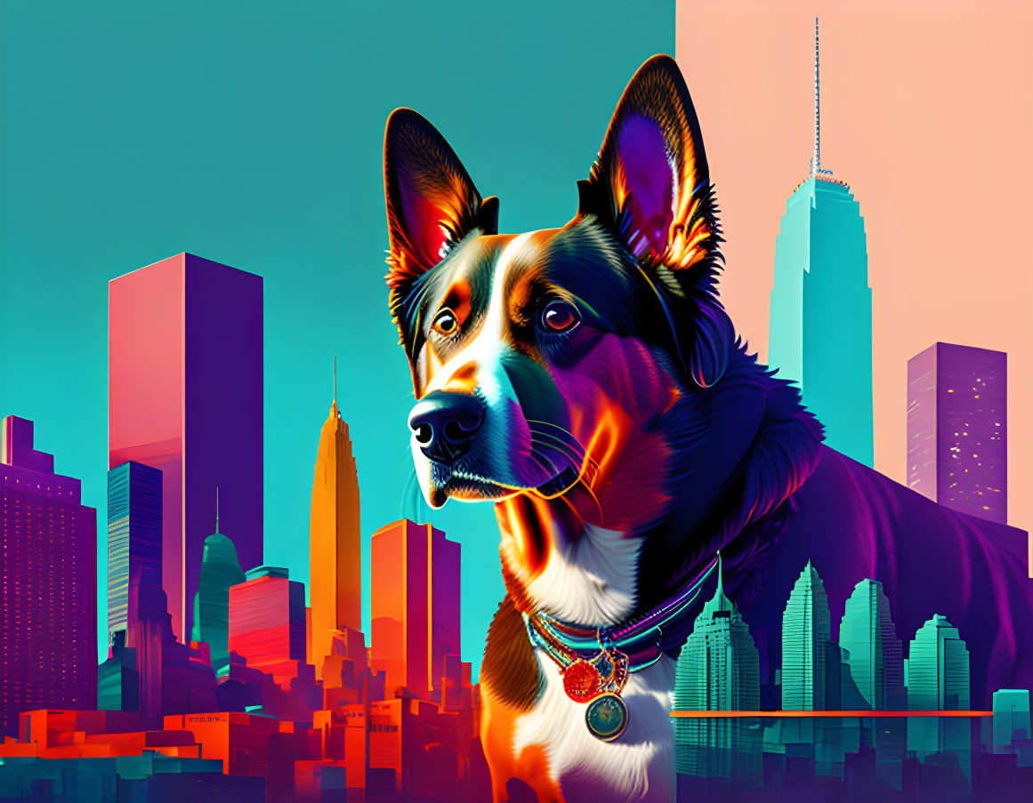 Colorful Dog Artwork with NYC Skyline Background