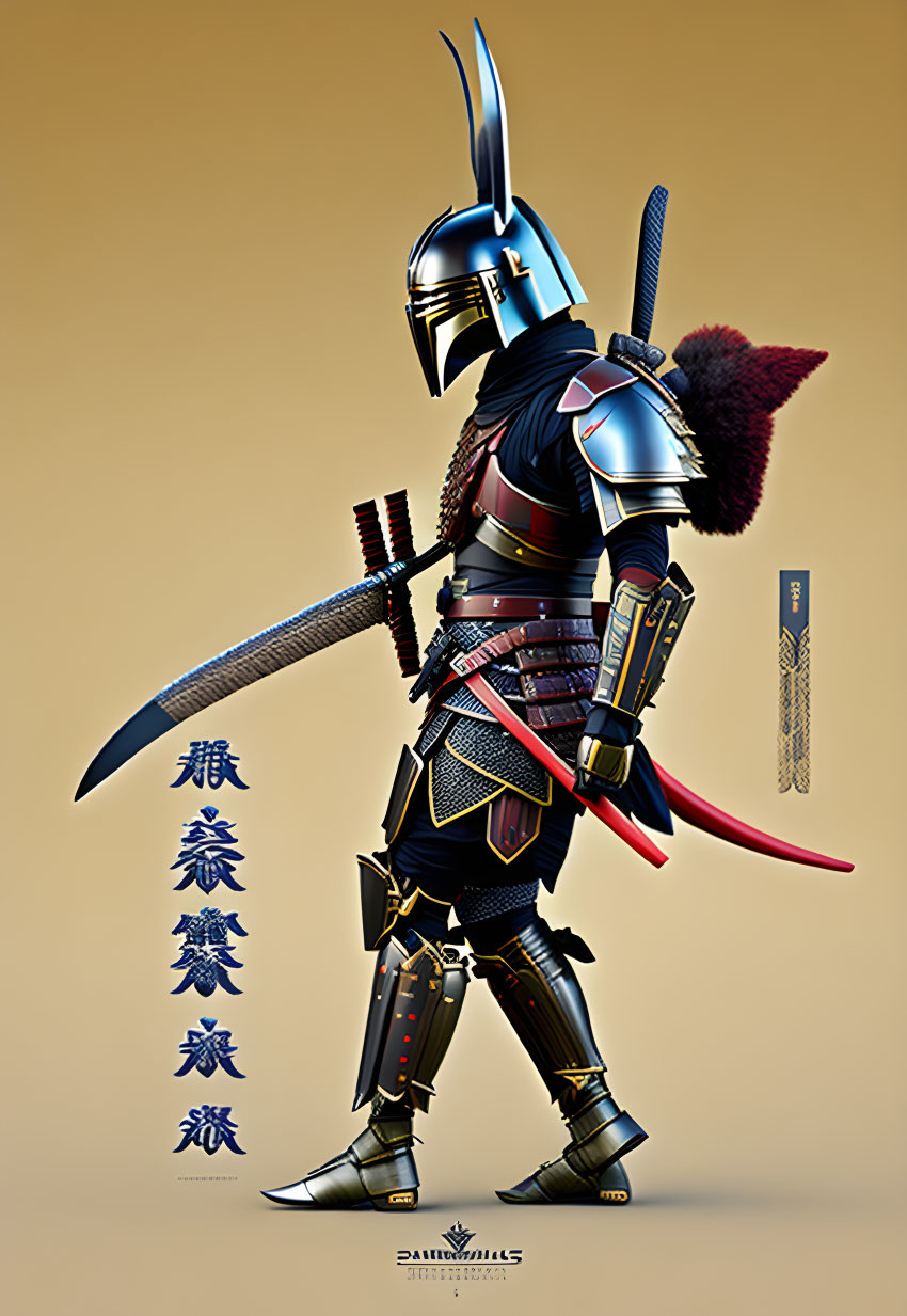 Samurai in full armor with katana on tan background with Japanese text and logo