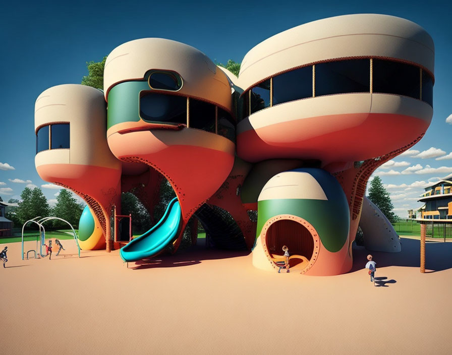 Vibrant futuristic playground with blob-like structures and slides