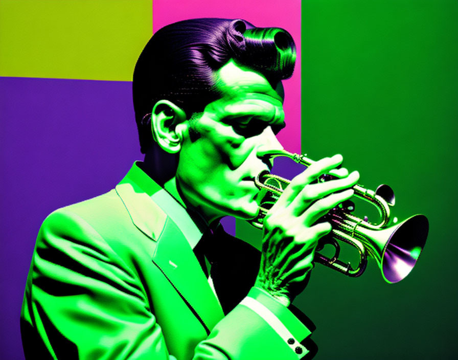 Colorful Stylized Man Playing Trumpet on Vibrant Background