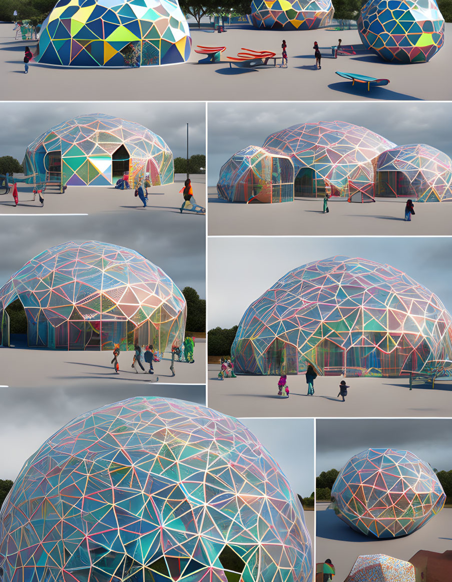 Geometric Dome Structures with Colorful Panels and People Outdoors