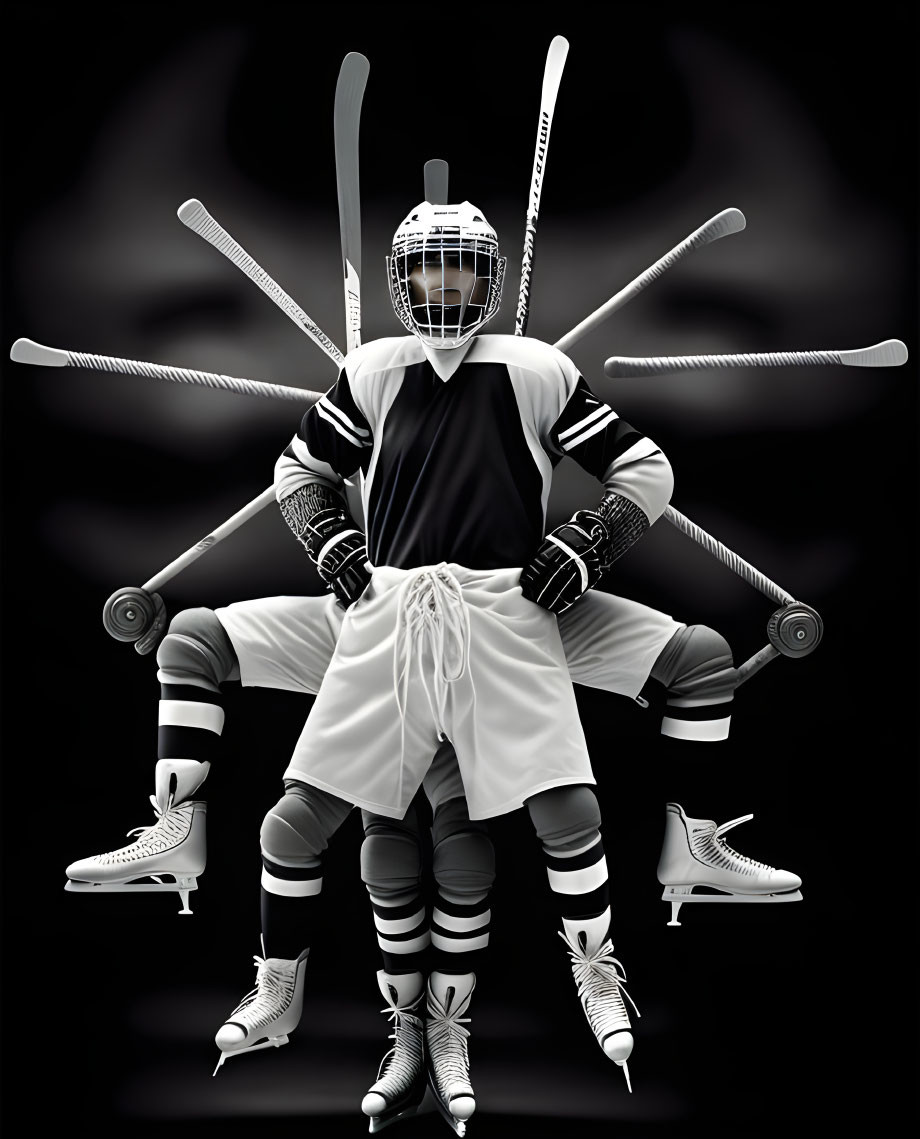 Hockey player in gear with crossed sticks and skates