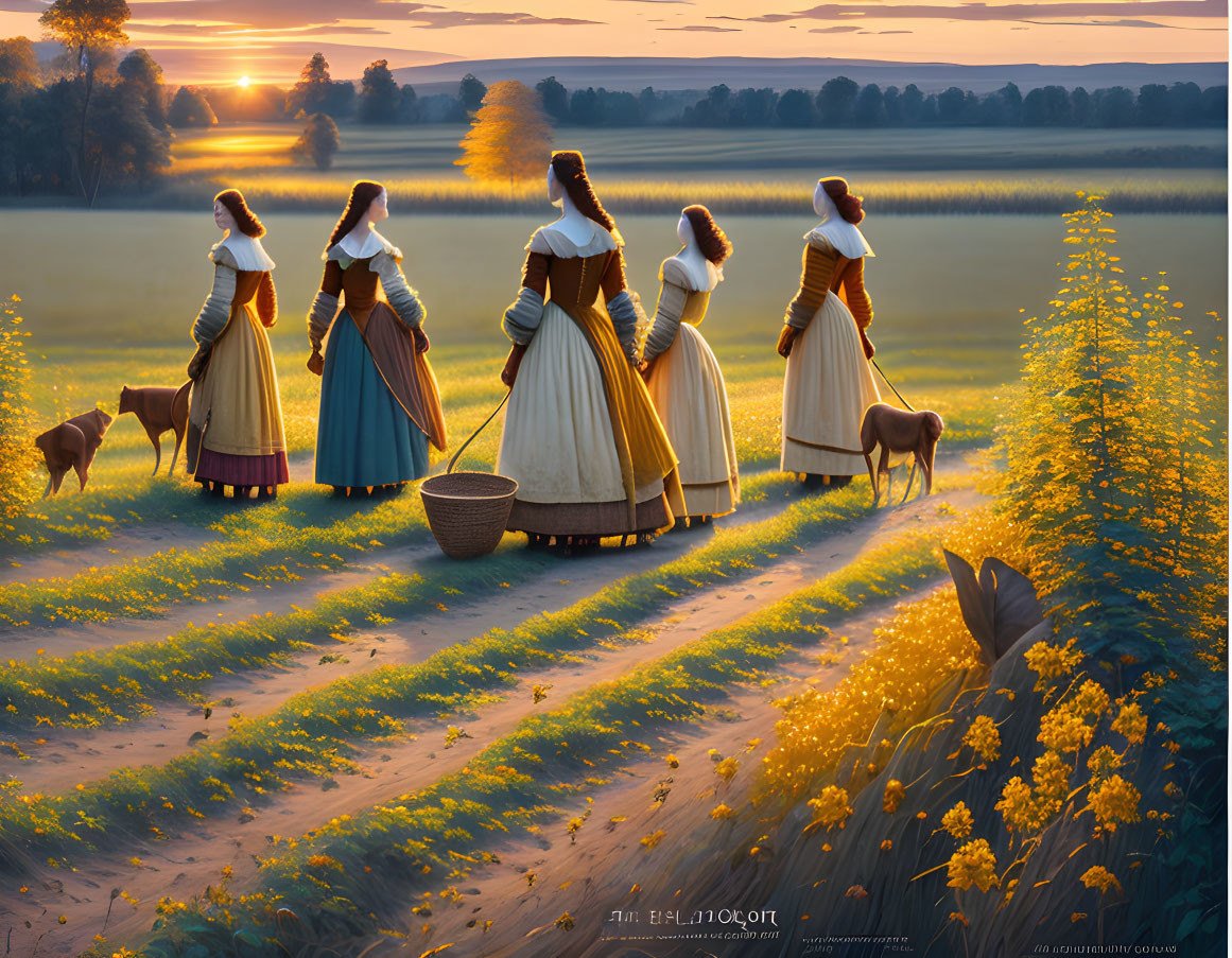 Five Women in Traditional Dresses Walking Through Blooming Field with Dogs at Sunrise