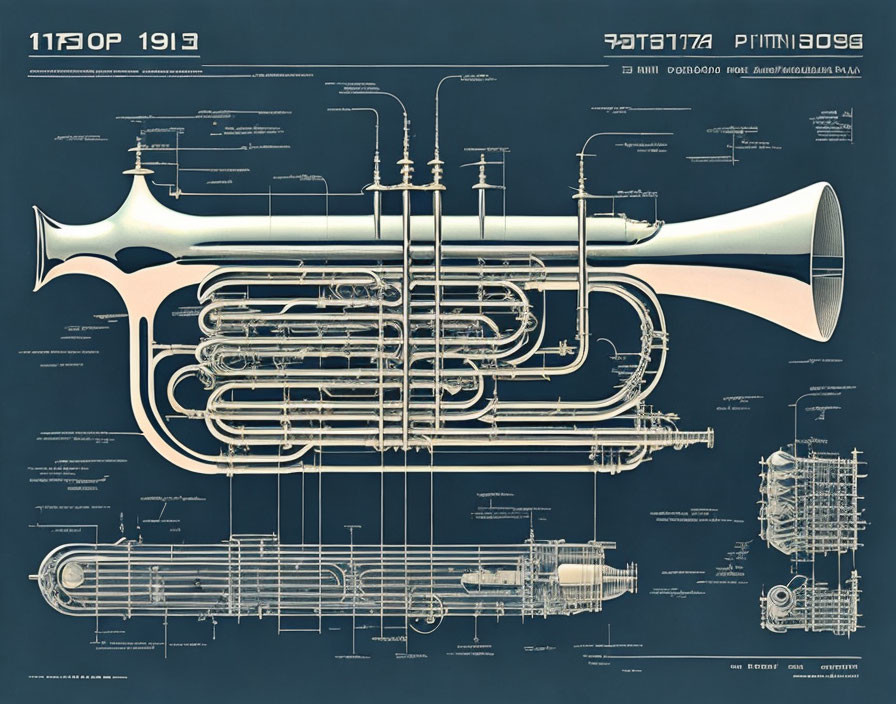 Detailed Exploded-View Diagram of Brass Rotary Trumpet on Blue Background