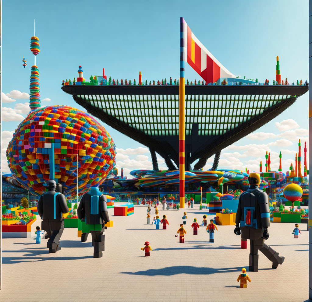 Vibrant Lego-themed park with large figures and spherical structure