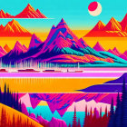 Colorful Canadian landscape with neon palette and ships in digital art