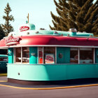 Vintage American diner with red and turquoise color scheme and classic cars outside.