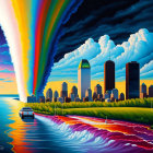 Colorful speedboat painting with vibrant sky and city skyline at sunset