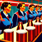 Vivid Stylized Artwork of Women in Uniforms Inspecting Objects