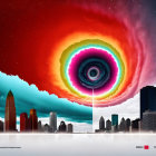 Surreal city skyline under swirling colorful vortex against clear sky