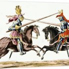 Medieval knights jousting on horseback with lances