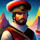 Regal man in historical military uniform with mountains, castle, and sailing ship.