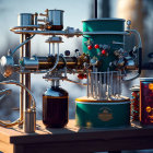 Steampunk-style coffee machine on wooden table in snowy forest