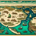 Vintage-style maritime map featuring sailing ships, sea creatures, islands, and ornate borders