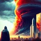 Giant fiery tornado and lightning strike in apocalyptic cityscape